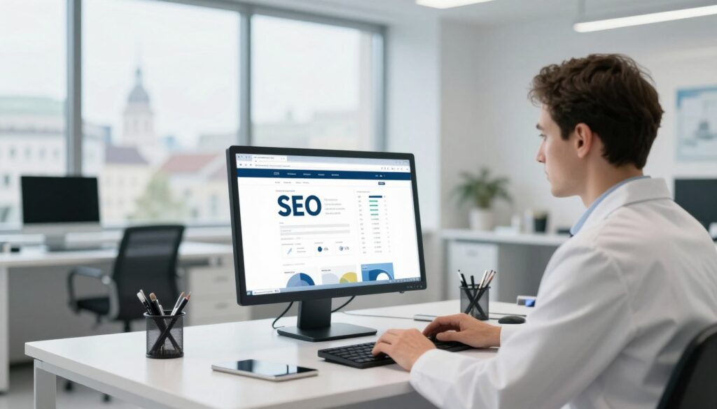 Arzt in moderner Ordination arbeitet am Computer und optimiert seine Website für bessere Google-Sichtbarkeit