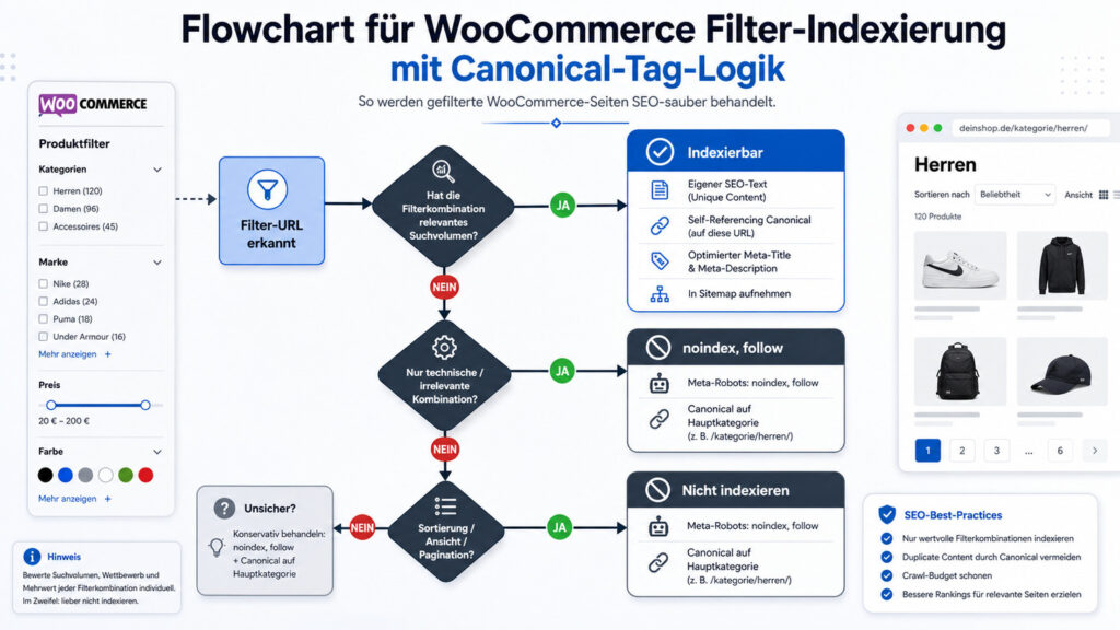 Flowchart für WooCommerce Filter-Indexierung mit Canonical-Tag-Logik