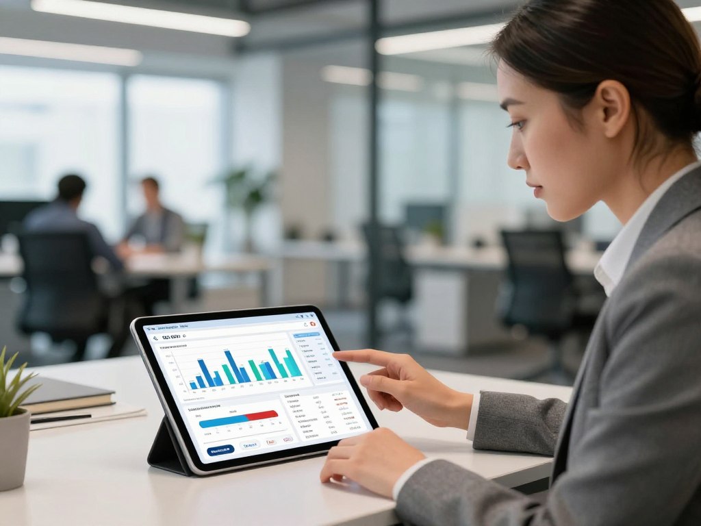 Geschäftsmann analysiert SEO Kennzahlen und Website-Daten auf Tablet