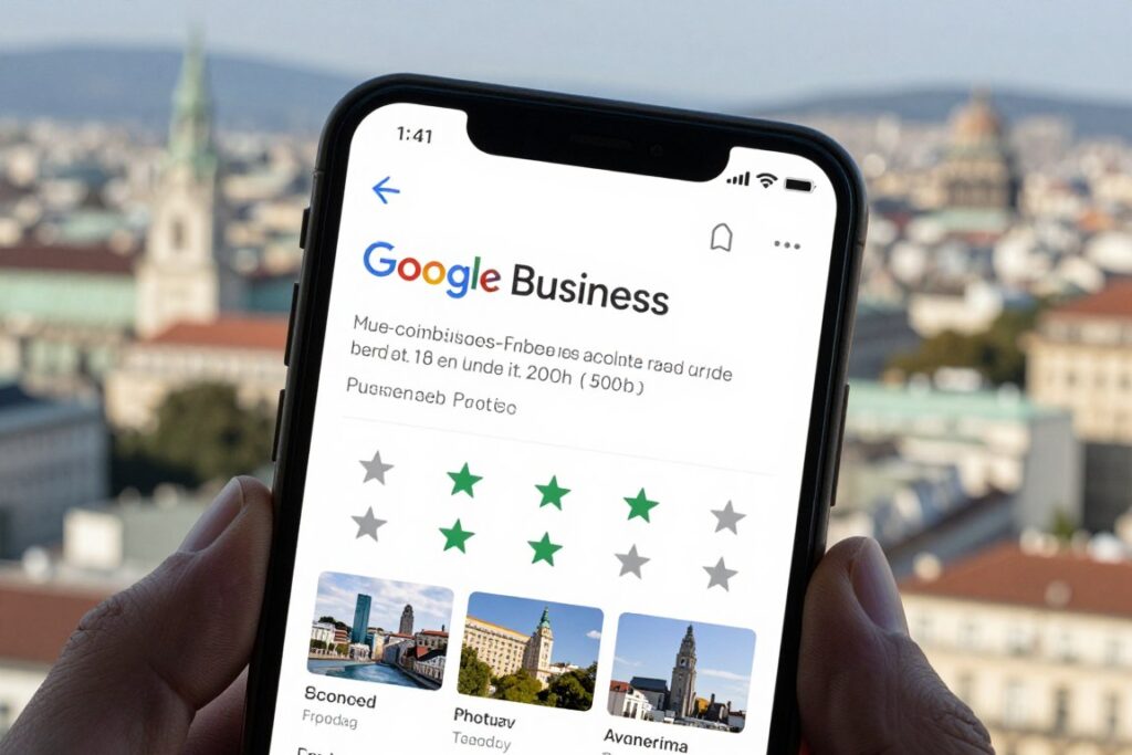 Google Business Profile auf Smartphone-Bildschirm mit Geschäftsinformationen