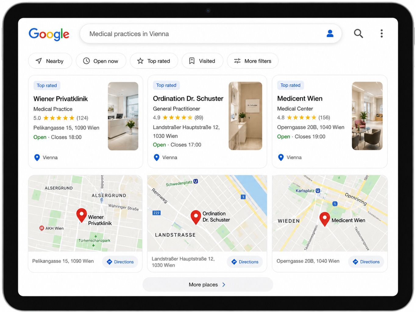Google Local Pack Suchergebnisse mit drei hervorgehobenen Arztpraxen in Wien mit Bewertungen