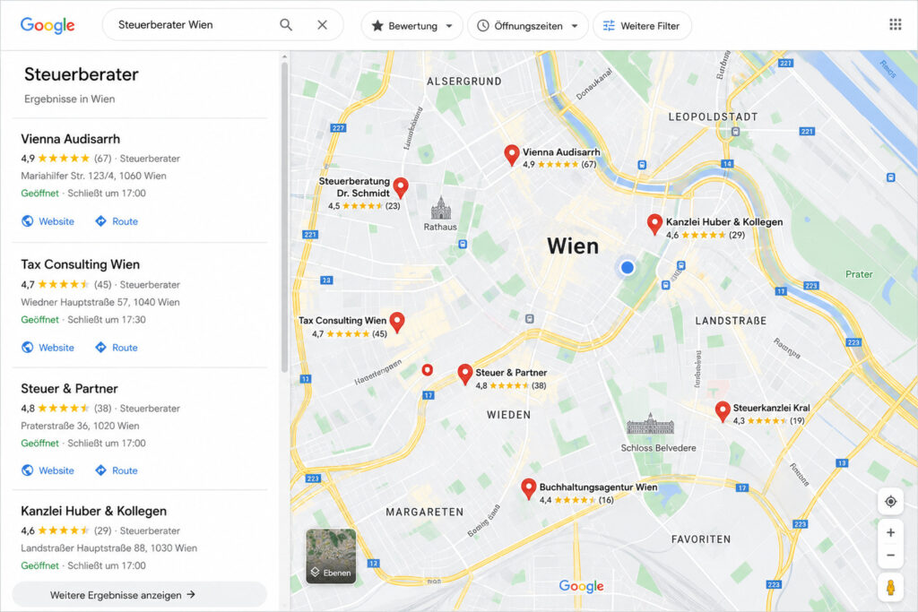 Google Maps Suchergebnisse für Steuerberater in Wien mit Standortmarkierungen
