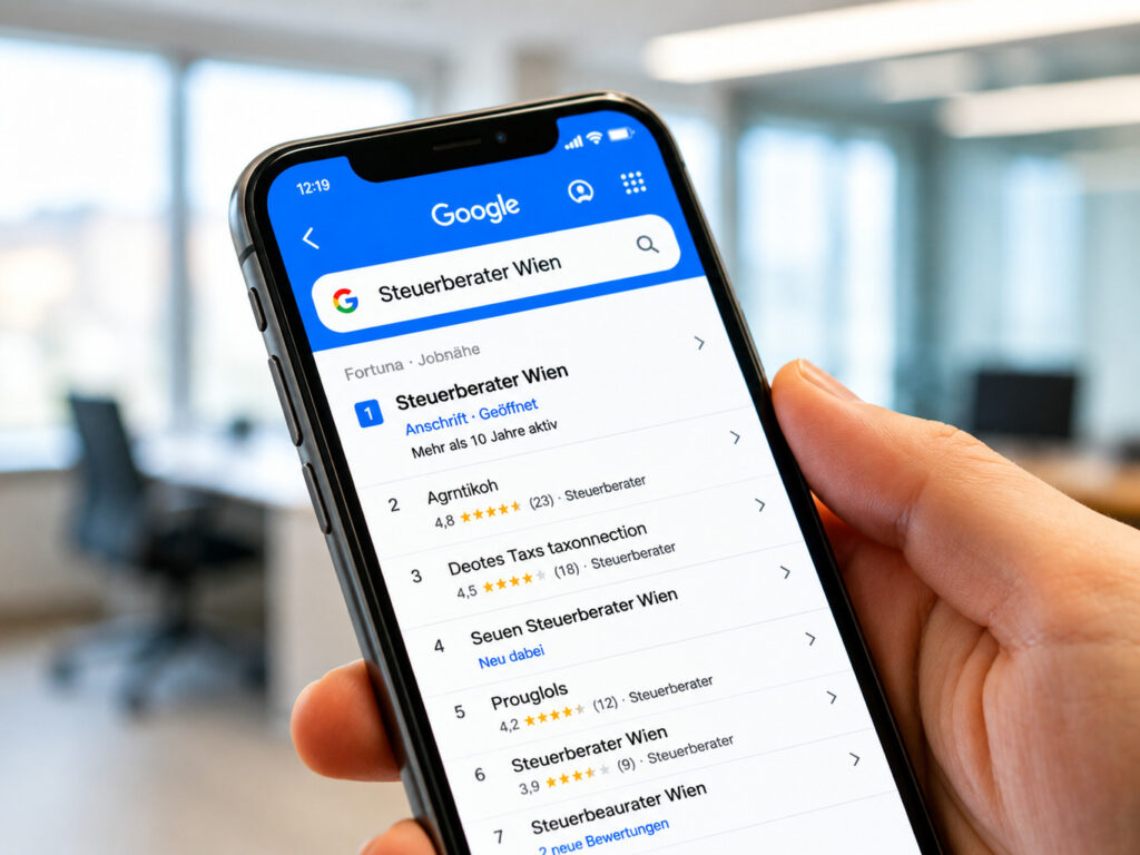 Google Suchergebnisse für Steuerberater Wien auf Smartphone-Display