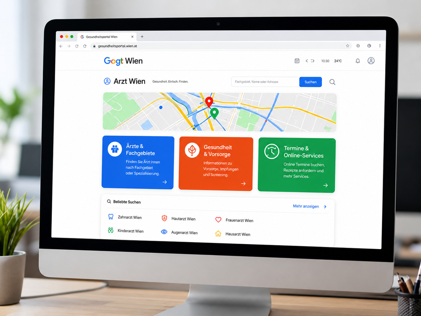 Google Suchergebnisseite auf Desktop zeigt lokale Ärzte in Wien mit Map Pack und organischen Rankings