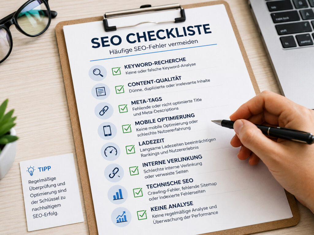 Häufige SEO-Fehler visualisiert an einer Checkliste mit roten Markierungen