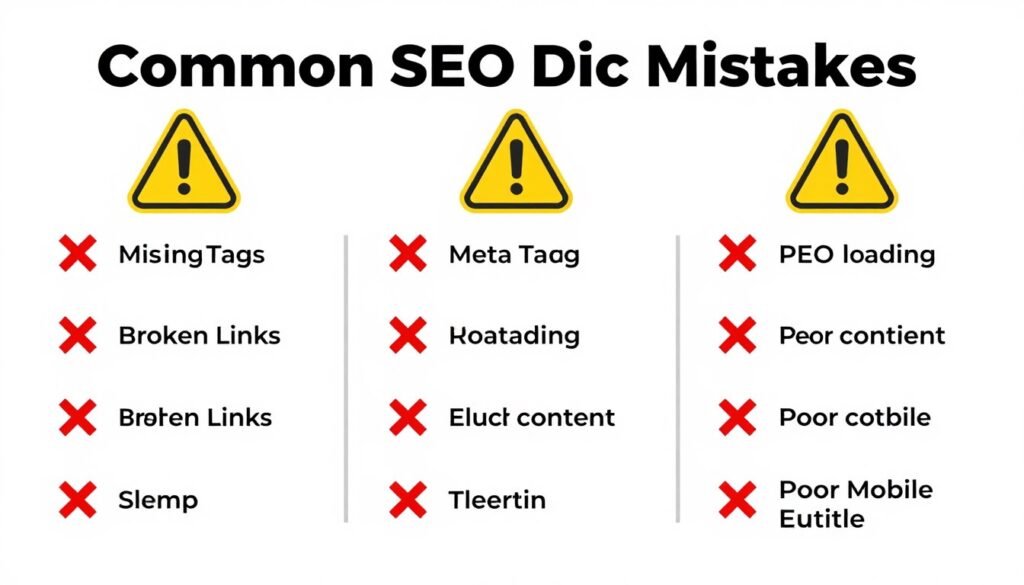 Liste häufiger SEO-Fehler mit Warnsymbolen