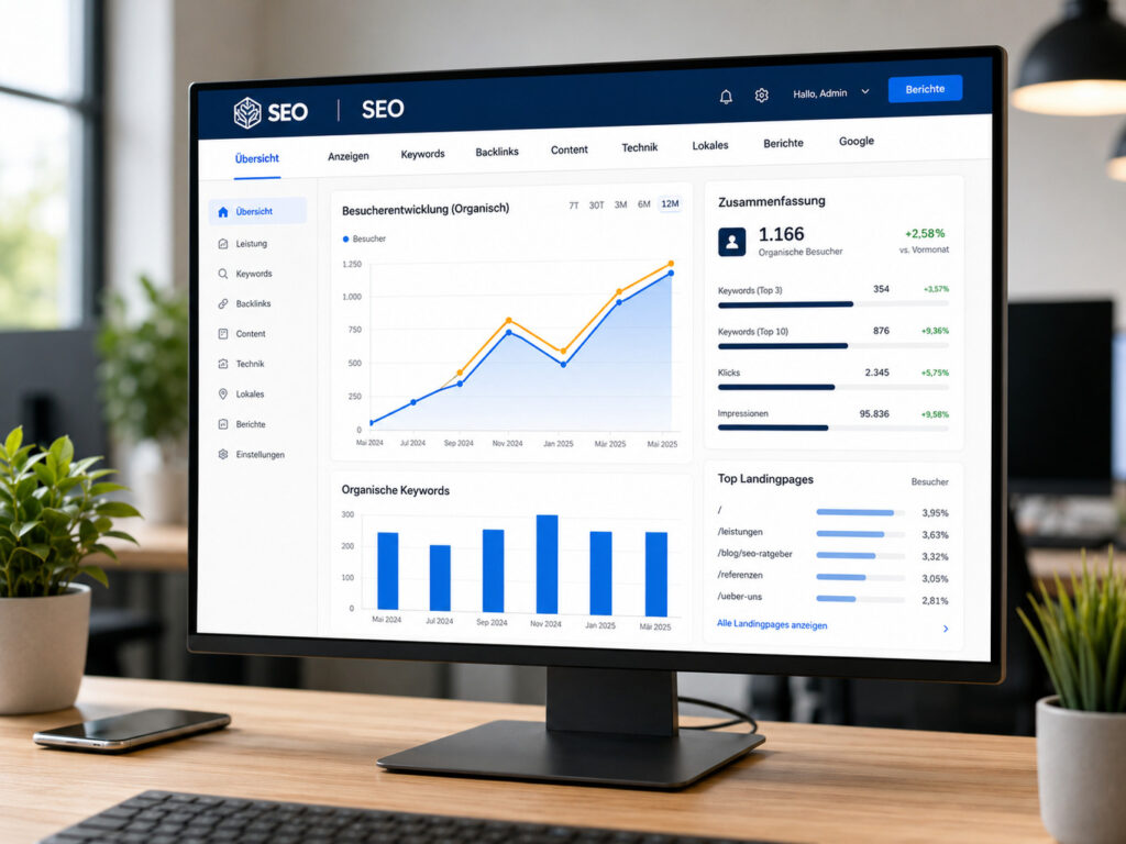 Moderne Büroansicht mit SEO-Dashboard