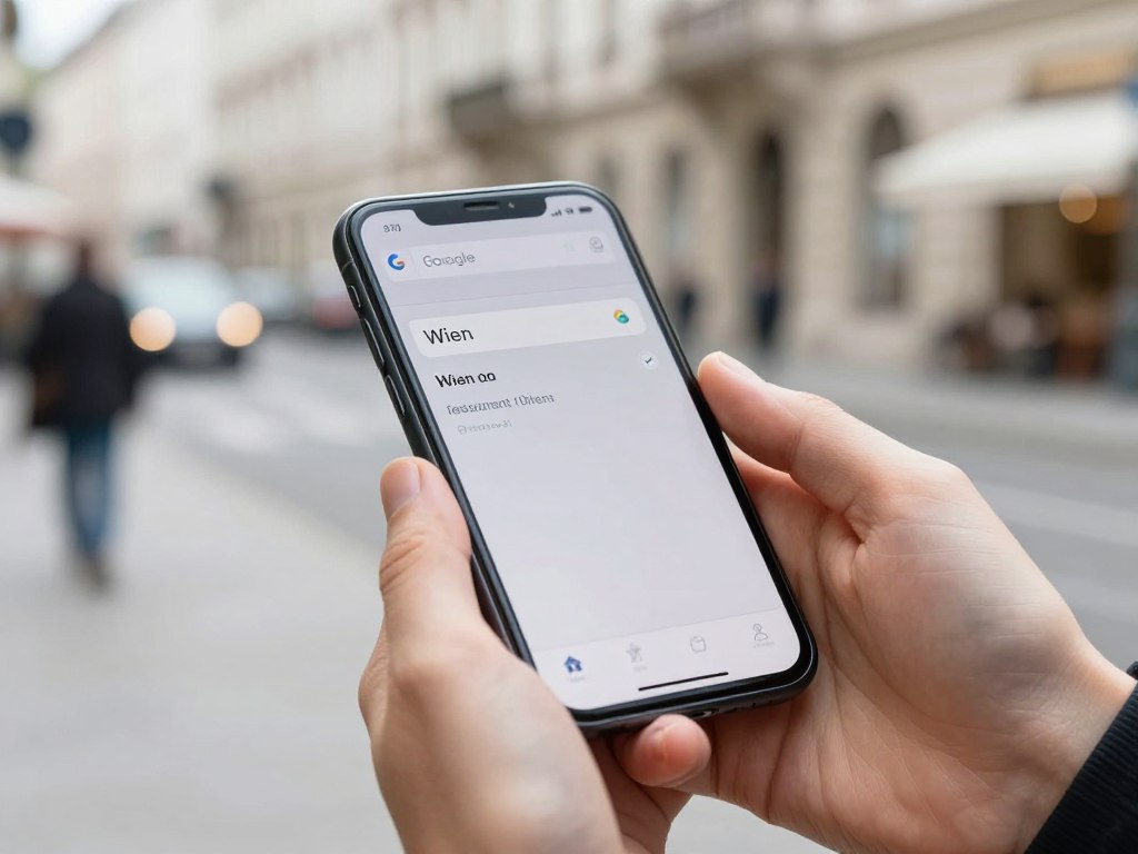 Person sucht auf Smartphone nach Restaurant Wien bei Google