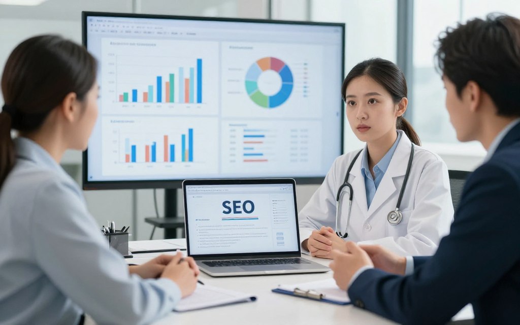 Professionelles Beratungsgespräch zwischen SEO-Experte und Arzt mit Präsentation von Strategien