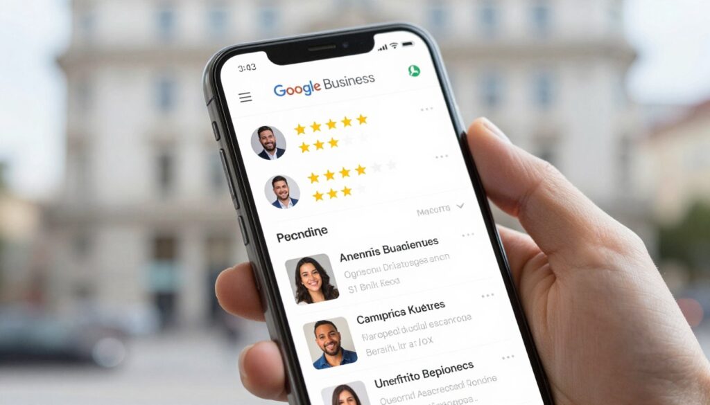 Smartphone zeigt positive Google Bewertungen mit fünf Sternen