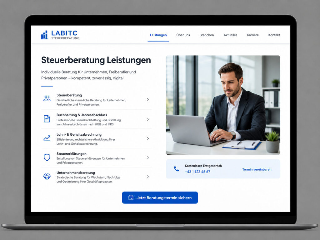 Strukturierte Leistungsseite einer Steuerberatungskanzlei auf Website