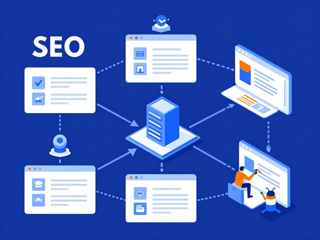 Technische SEO Konzept-Illustration mit Website-Struktur, Server-Optimierung und Crawling-Prozessen