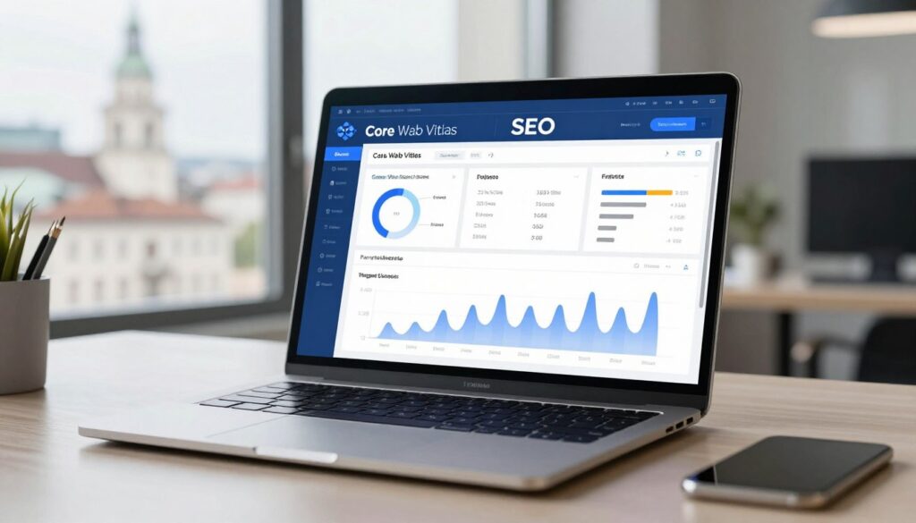 Technische SEO Wien Dashboard mit Core Web Vitals Metriken und Performance-Analysen