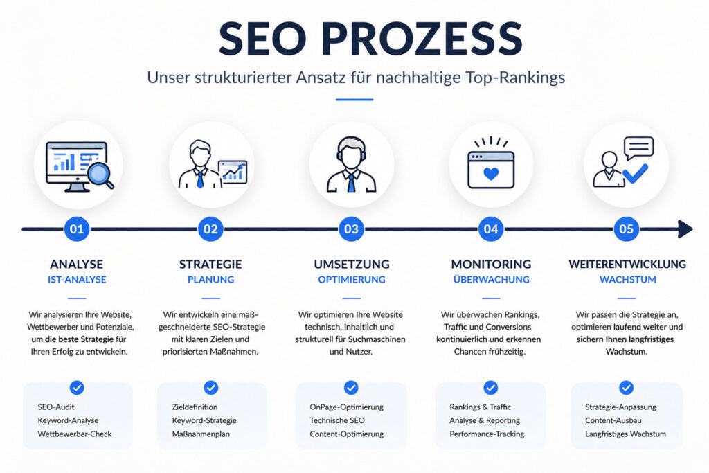 Timeline-Darstellung des SEO-Projekt-Ablaufs mit Marketing Solutions
