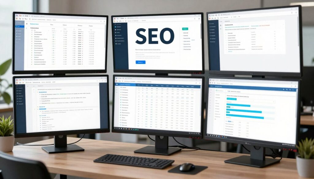 Verschiedene SEO-Tools auf Computer-Bildschirmen