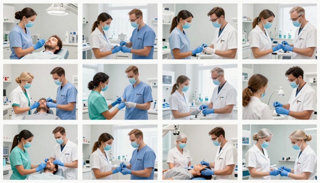 Verschiedene medizinische Fachbereiche mit Ärzten in Ordinationen bei der Patientenbehandlung