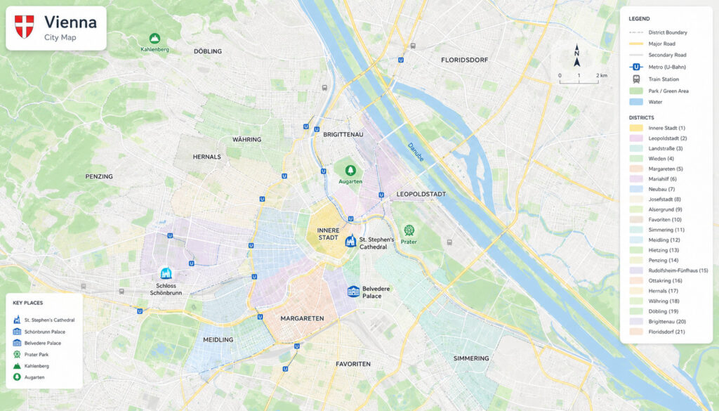 Wien Stadtplan mit markierten medizinischen Einrichtungen und lokalen SEO Bereichen nach Bezirken