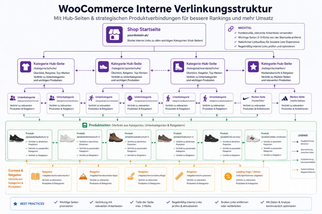 WooCommerce interne Verlinkungsstruktur mit Hub-Seiten und Produktverbindungen