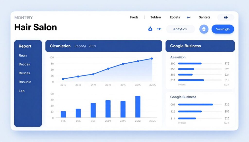 Beispiel eines monatlichen SEO-Reports mit Grafiken und Kennzahlen für Friseursalons