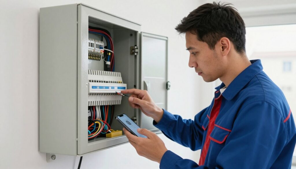 Elektriker arbeitet an Schaltkasten in Wien mit Smartphone für Google-Suche