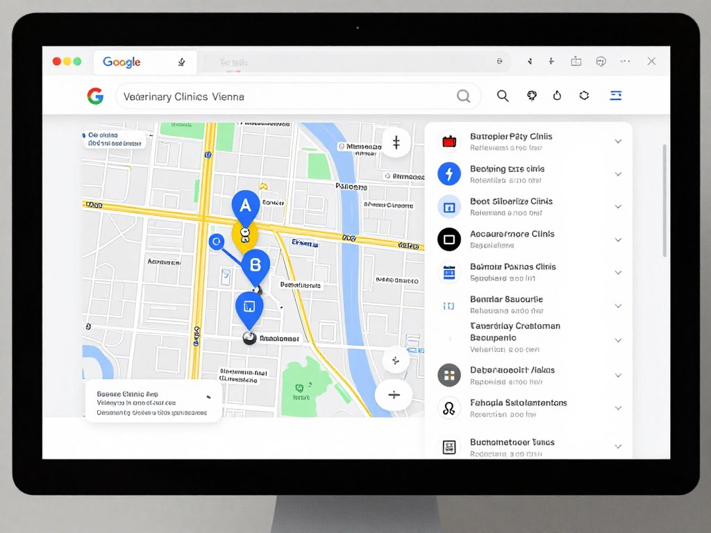Google Maps Suchergebnis für Tierarzt Wien mit lokalen Einträgen