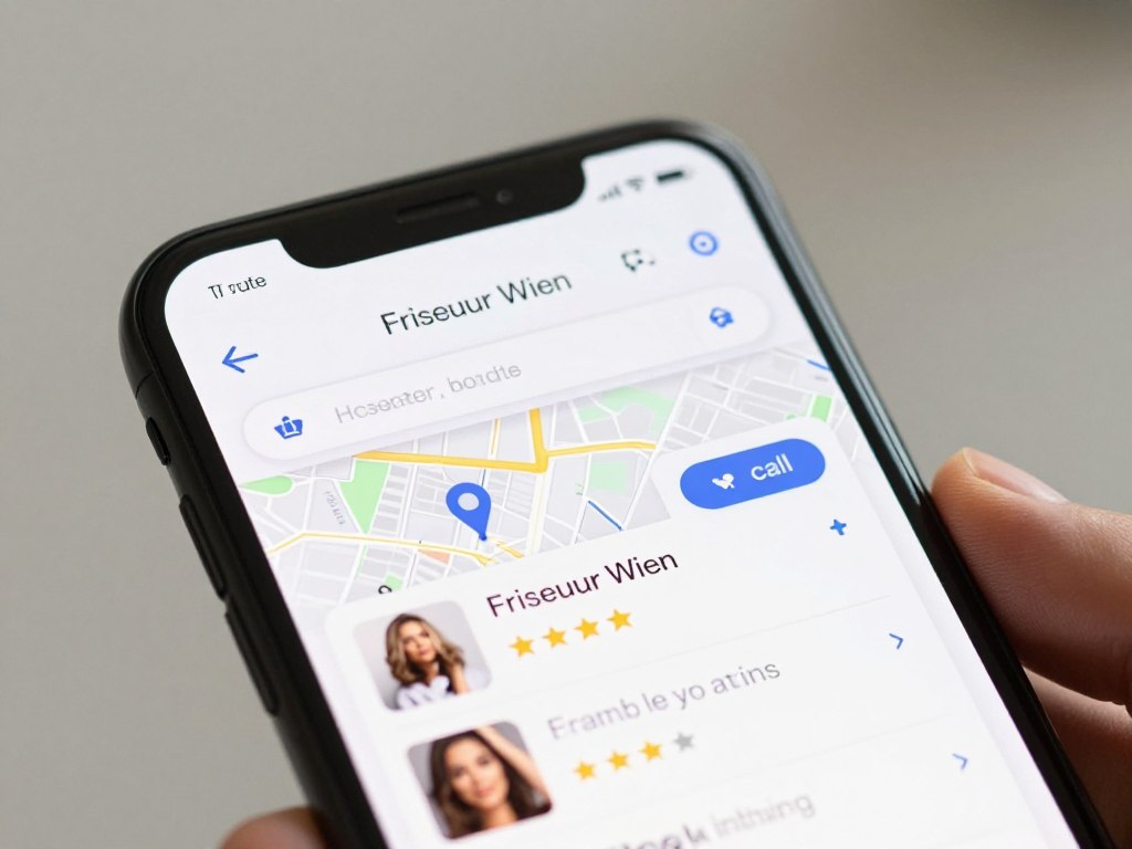 Google Suchergebnisse für SEO für Friseure Wien auf einem Smartphone mit lokalen Friseursalons in Wien