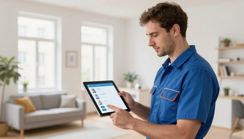 Installateur bei der Arbeit in Wien mit Tablet für Online-Anfragen