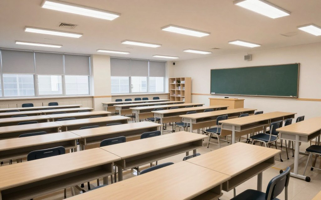 Leeres Nachhilfe-Klassenzimmer mit wenigen Schülern