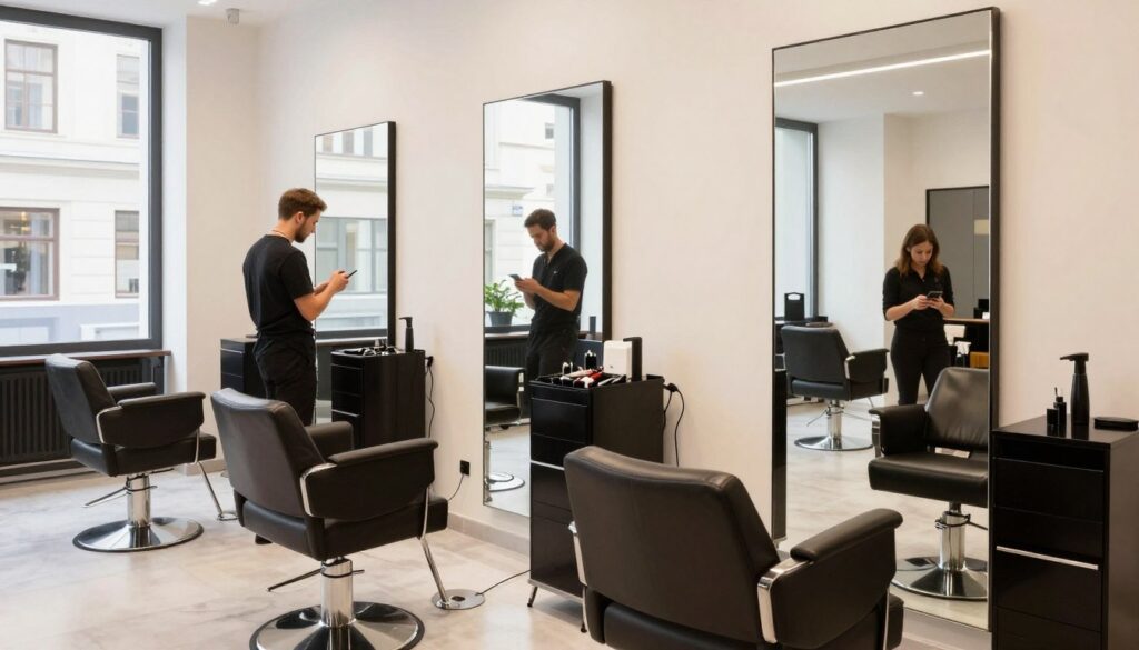 Moderner Friseursalon in Wien mit digitaler Präsenz und Kunden, die online nach lokalen Friseuren suchen