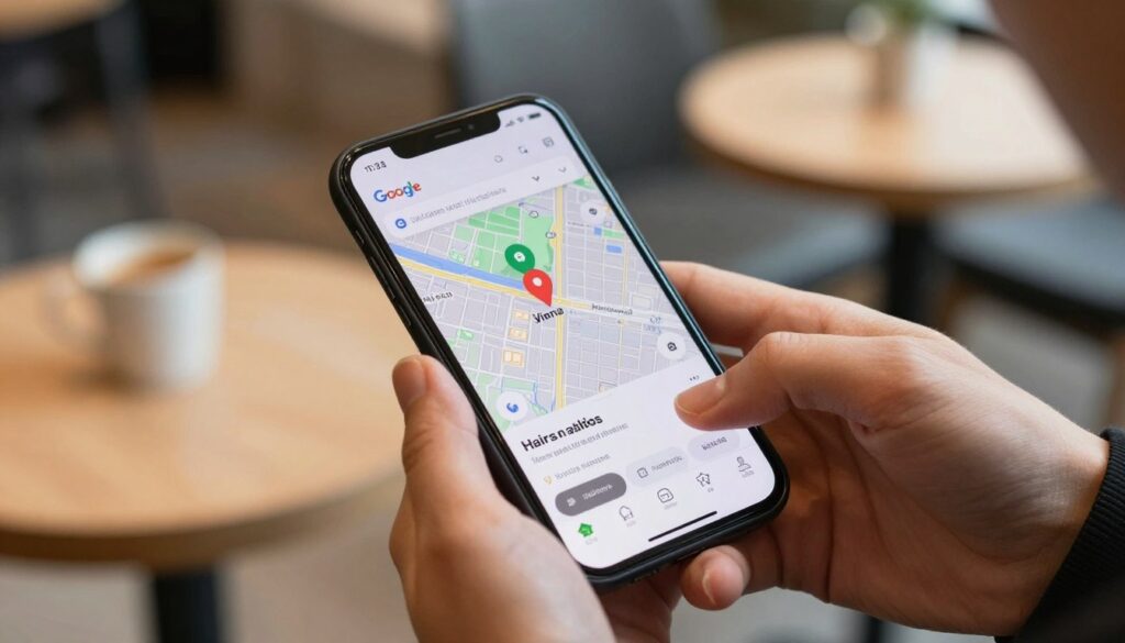 Person sucht auf Smartphone nach Friseur in Wien, sichtbar sind lokale Suchergebnisse und Google Maps