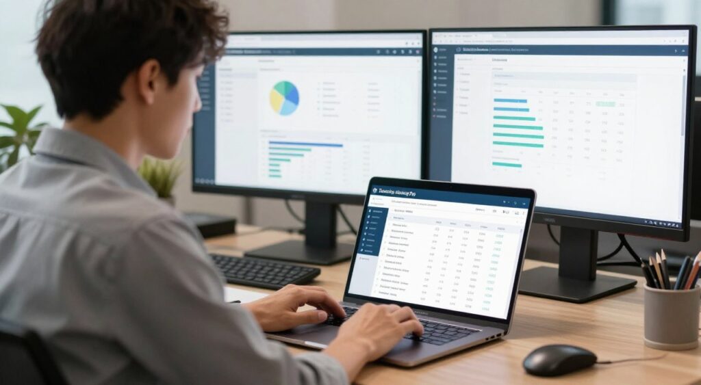 SEO-Experte analysiert Nachhilfe-Website am Computer