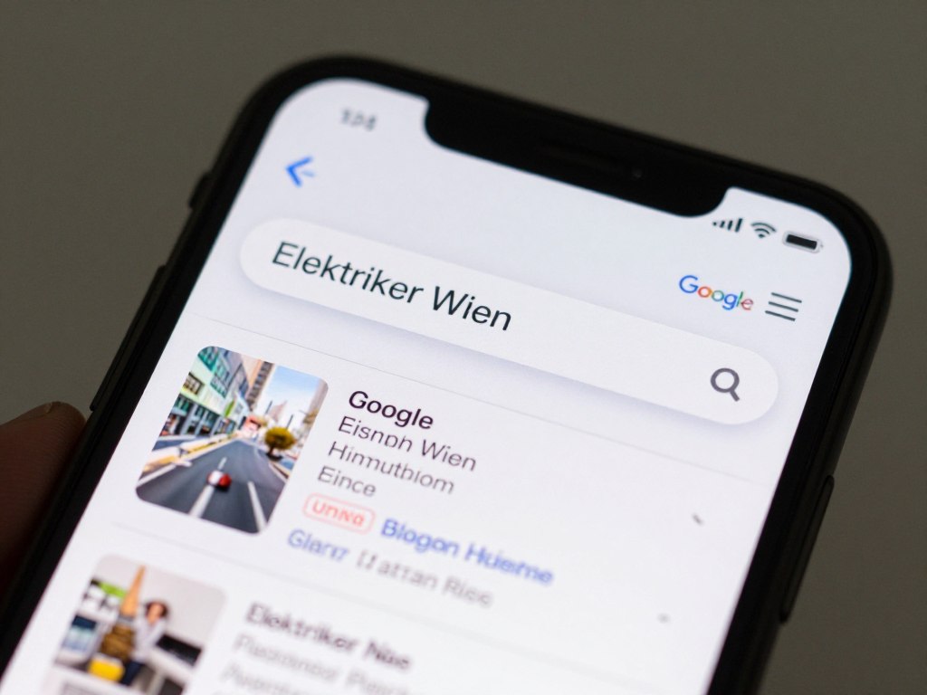 Smartphone mit Google-Suchergebnissen für SEO für Elektriker Wien
