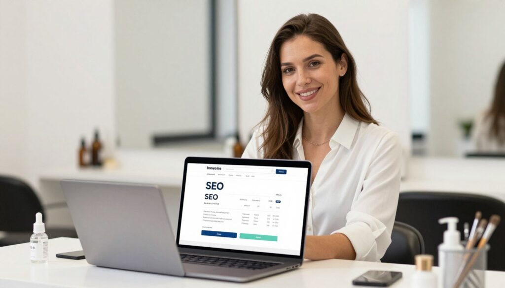 Zufriedene Kosmetikstudio-Inhaberin mit erfolgreicher Online-Präsenz Zufriedene Kosmetikstudio-Inhaberin mit erfolgreicher Online-Präsenz